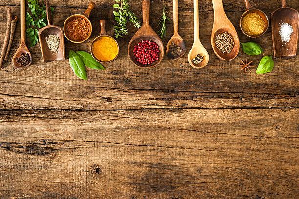 istock Colorful spices on wooden table 478776510