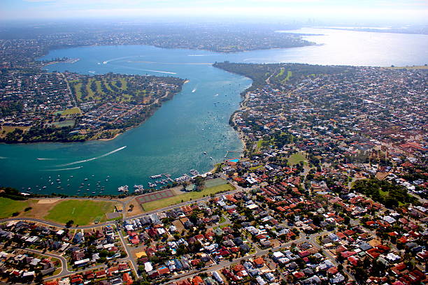 Aerial View Perth WA Swan river Aerial View of Swan river swan river stock pictures, royalty-free photos & images