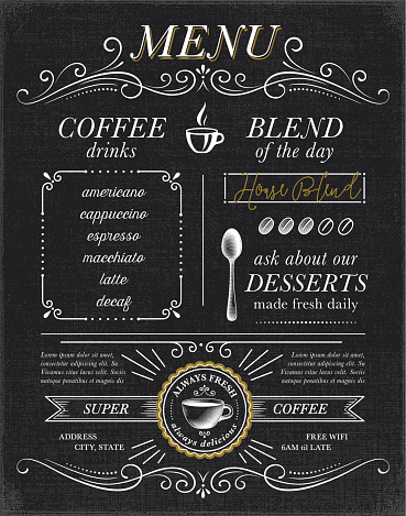Cafe, coffee shop menu concept on black background. EPS10 file contains transparencies.  AI10 file and hi res jpeg included. Scroll down to see more illustrations linked below.