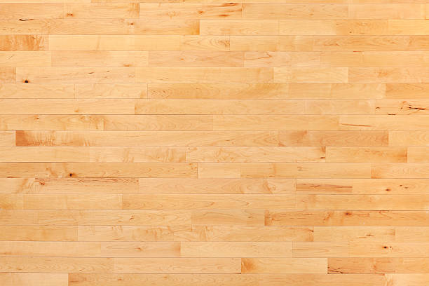 Hardwood basketball court floor viewed from above stock photo