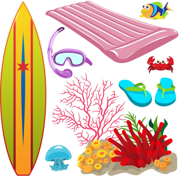 illustrazioni stock, clip art, cartoni animati e icone di tendenza di estate oceano elementi di design. - inflatable raft illustrations