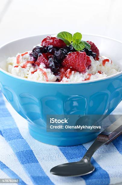 Cottage Cheese With Raspberries And Blueberries Stock Photo - Download Image Now - Berry Fruit, Blue, Bowl