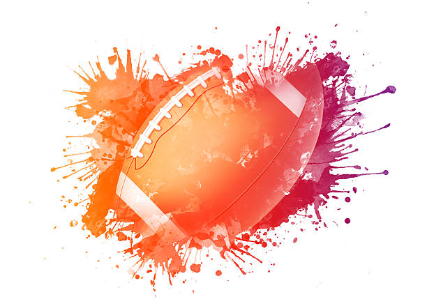 A american football sport ball flying through the air with a flowing travelling trail of glowing wispy lights on an isolated background - 3D render