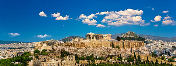Skyline of the city of Athens Greece. Athens. Cityscape with the Acropolis of Athens (seen from Philopappos Hill) acropolis athens photos stock pictures, royalty-free photos & images