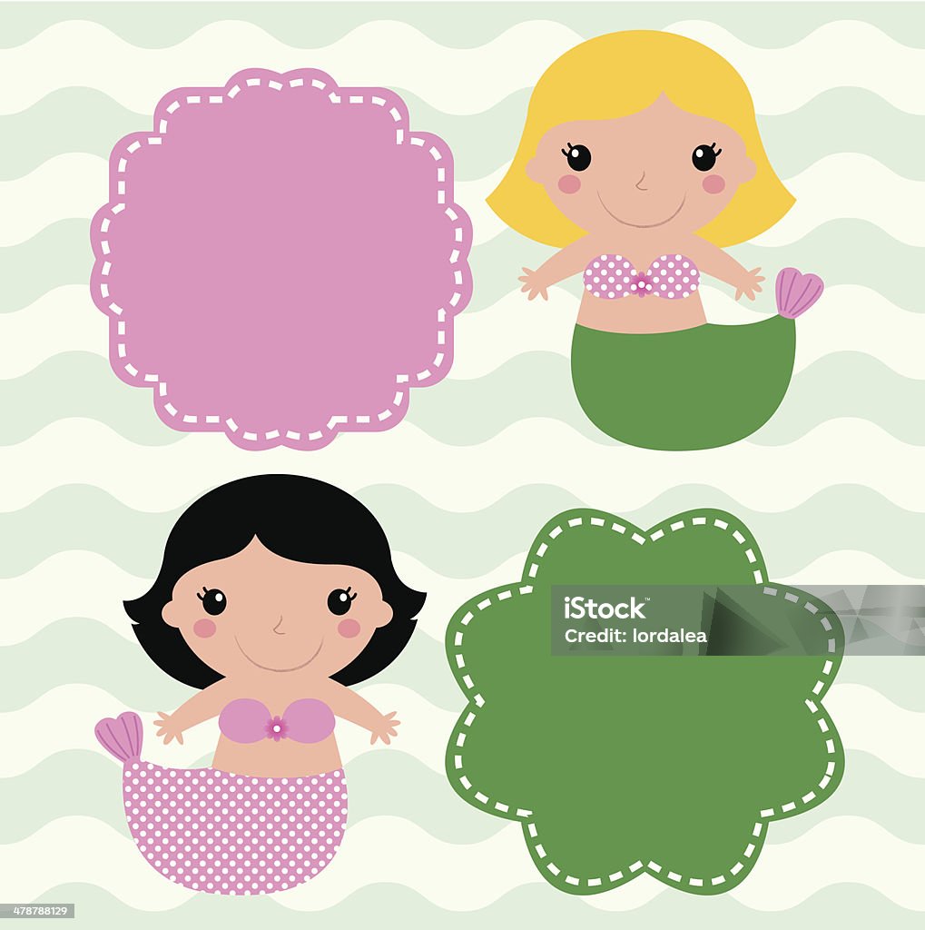Mermaids with blank signs isolated on wave background Cute Mermaids with banners ( pink and green ). Vector . Backgrounds stock vector