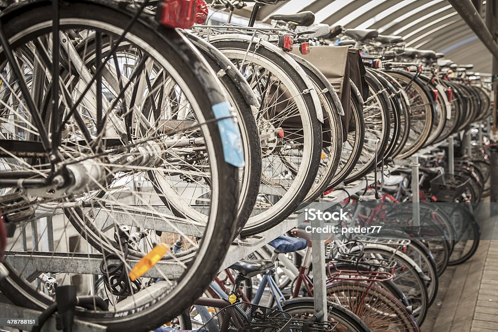 Bicycle parking Double line of parked bicycles in Denmark. Bike Shed Stock Photo