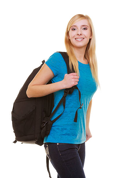istock Portrait casual blond smiling girl student with bag backpack isolated 478788287