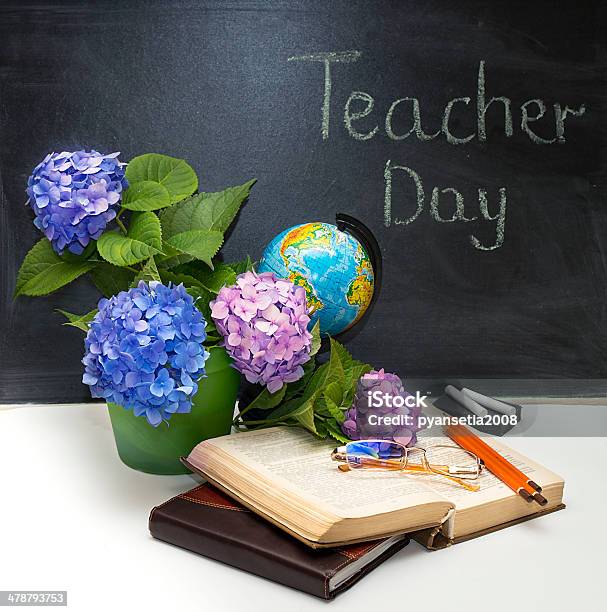 Flowers Hydrangeas And School Subjects Stock Photo - Download Image Now - Anniversary, Backgrounds, Blue