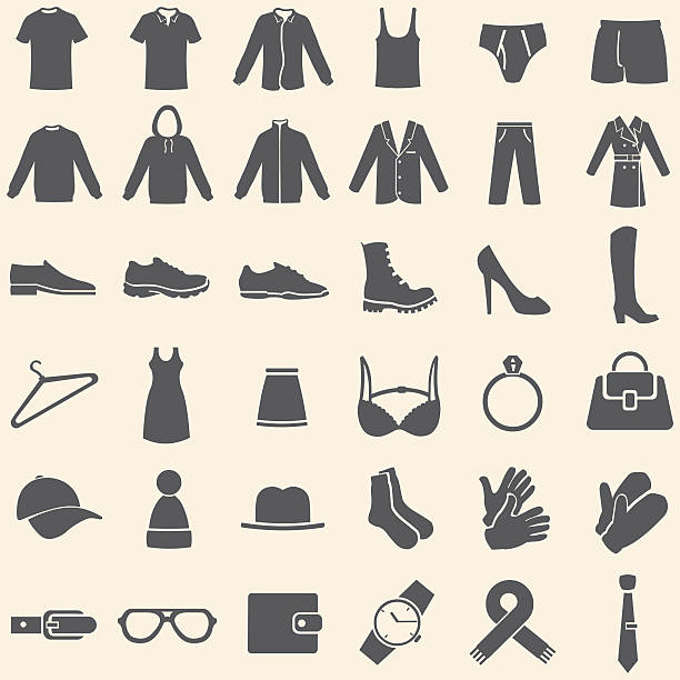 ilustraciones, imágenes clip art, dibujos animados e iconos de stock de vector conjunto de iconos de ropa - purse bag isolated fashion