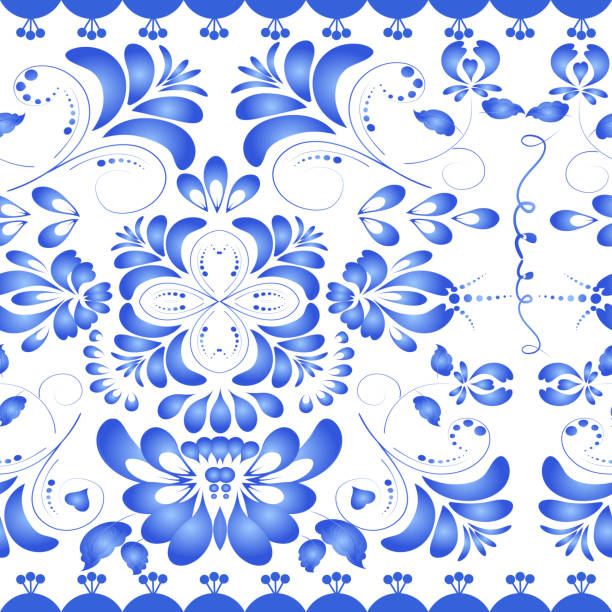 бесшовная текстура с синим цветочным орнаментом. gzhel стиле. вектор - white background stock illustrations