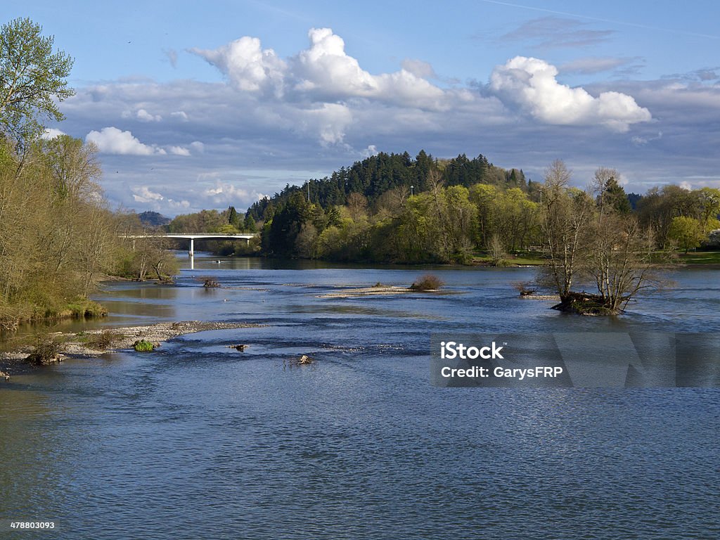 Willamette River Interstate 105 Eugene Oregon Clouds Bridge Interstate 105 ( I-105 ) spans the Willamette River in Eugene Oregon. A bike / Walking trail runs along both sides of the river in this area. Although this looks rural, a shopping center and residential neighborhoods are just a few blocks away. A drift boat can be seen near the bridge in the far distance.  Eugene - Oregon Stock Photo