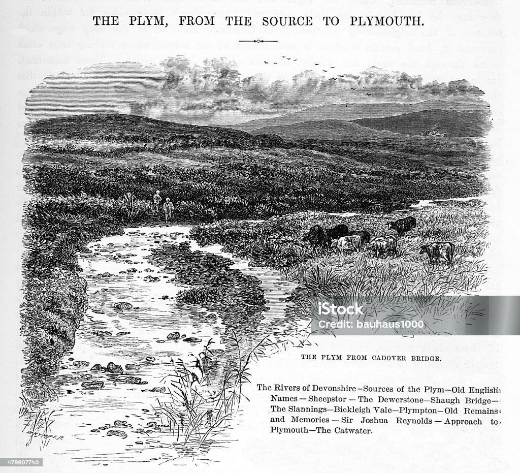 The Plym from Cadover Bridge Victorian Engraving Very Rare, Beautifully Illustrated Antique Engraving of The Plym from Cadover Bridge Victorian Engraving in the Early 18th Century Victorian Engraving from Our Own Country, Great Britain, Descriptive, Historical, Pictorial. Published in 1880. Copyright has expired on this artwork. Digitally restored. 19th Century stock illustration