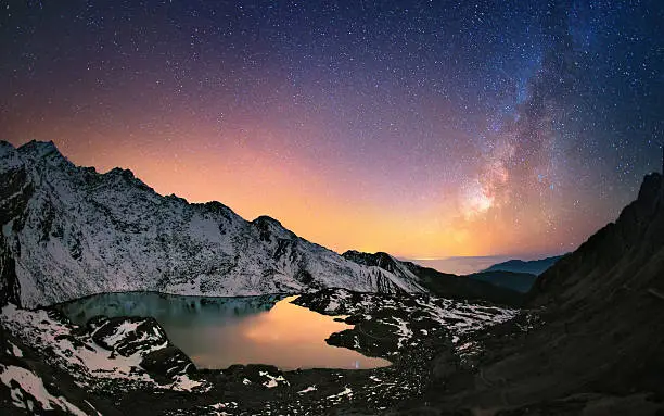 Hills around Gosaikunda lake (4,438 m) in Himalayas and the Milky Way galaxy above this sacred place. Nepal, Langtang region.