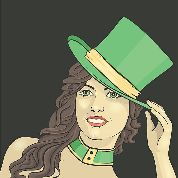 girl in the cylinder girl in a green top hat on a dark background paris red lips stock illustrations