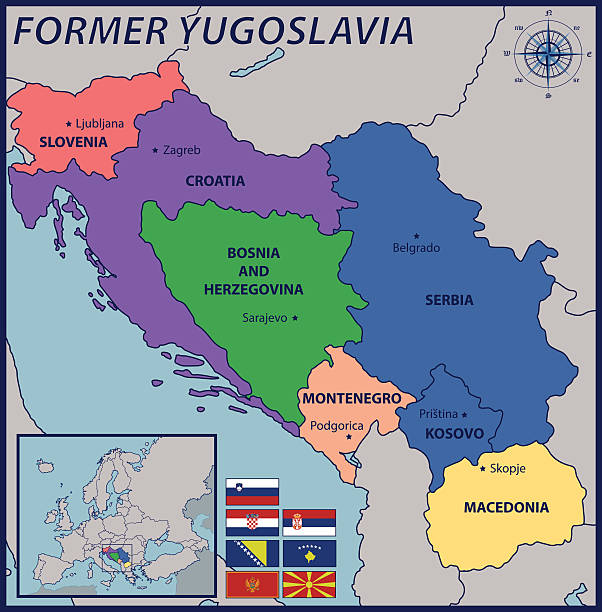 ilustrações, clipart, desenhos animados e ícones de mapa de localização e bandeiras da antiga iugoslávia - sérvia e montenegro