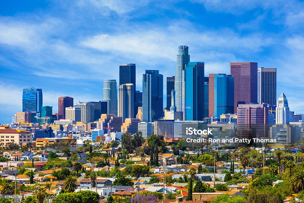 Skyscrapers of Los Angeles skyline,architecture,urban,cityscape, Urban sprawl fills the foreground leading back to the skyscrapers of Los Angeles skyline with cloudscape behind, California City Of Los Angeles Stock Photo