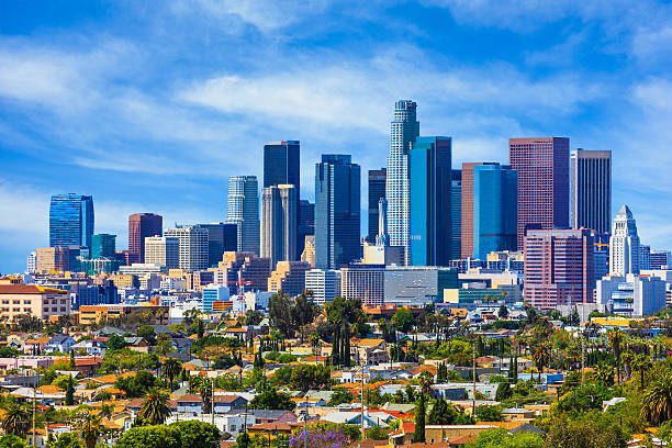 Skyscrapers of Los Angeles skyline,architecture,urban,cityscape, Urban sprawl fills the foreground leading back to the skyscrapers of Los Angeles skyline with cloudscape behind, California los angeles county stock pictures, royalty-free photos & images