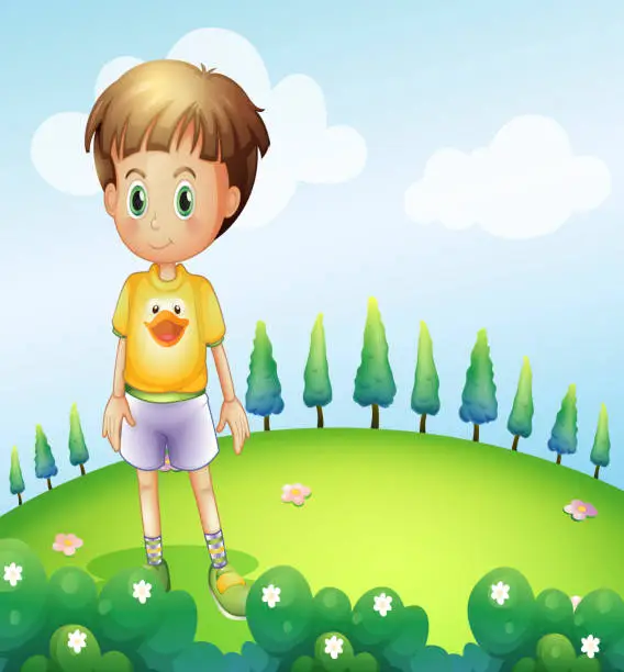 Vector illustration of kid standing at the hilltop