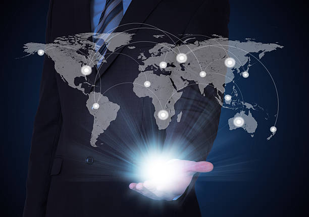 istock Man in suit, world map and contacts 478824935