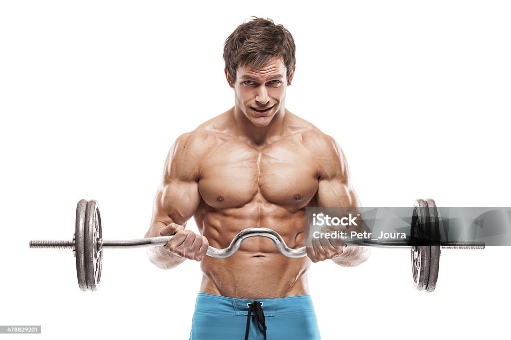 Muscular bodybuilder guy haciendo ejercicios con pesas - Foto de stock de Abdomen libre de derechos
