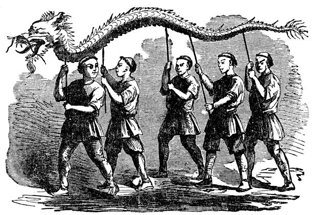 ilustrações, clipart, desenhos animados e ícones de pessoas carregando um papel dragão - dragon chinese dragon china chinese ethnicity