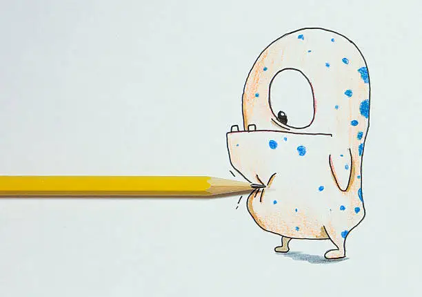 Hand drawn orange and blue monster getting poked with yellow pencil
