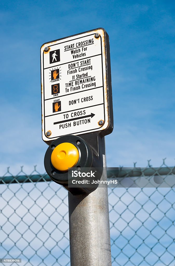 Crosswalk Button Pedestrian crosswalk button on a metal pole  2015 Stock Photo