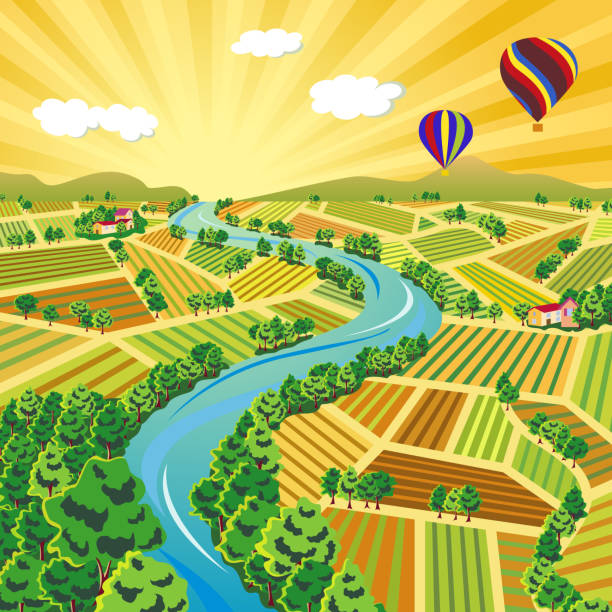 Sunset Scene in Autumn Farmland Aerial farmland view at the sunset. aerial view landscape stock illustrations