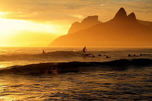 Surfing in a beautiful sunset in Ipanema Beach stock photo