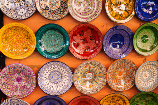 Pottery dishes for sale in the Marrakech Souk. Morocco.