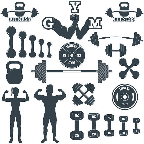 illustrazioni stock, clip art, cartoni animati e icone di tendenza di icone di fitness palestra - human muscle human arm muscular build body building