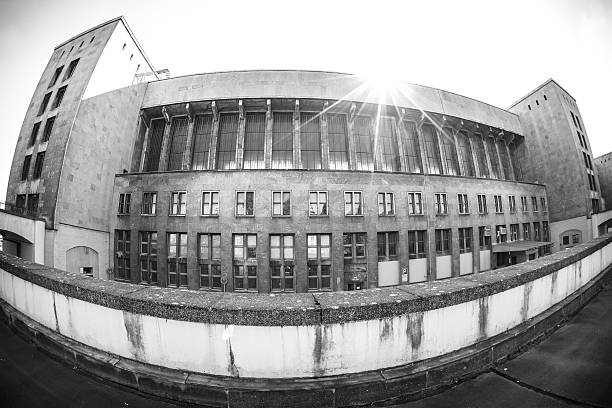 black and white fish eye shoot, hangar of an airport