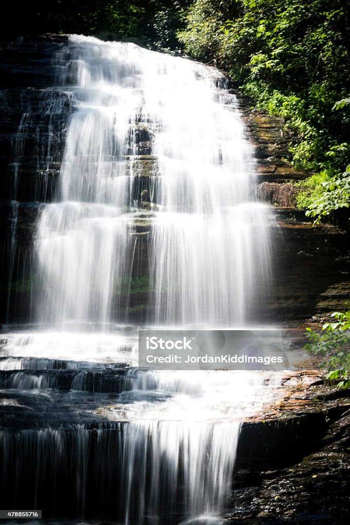 Waterfall in the Blue Ridge Mountains Pearson's Falls in the North Carolina Mountains. Green foliage surrounding the rock and the clean falls.  Tryon Stock Photo