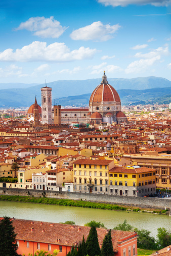 Panorama of the river and famous basilica in Florence, Italy