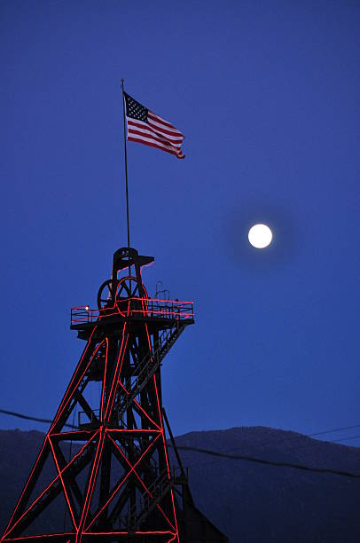 Gallows Frame in Red Neon, Full Moon, American Flag stock photo