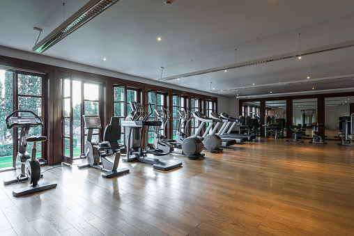 Fitness center interior, gym with treadmils
