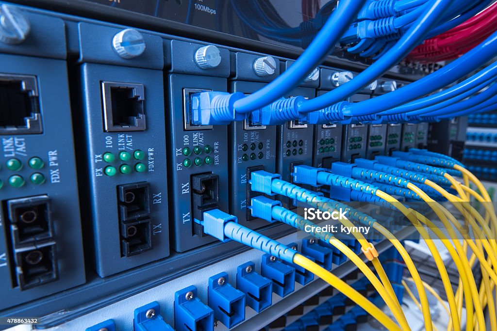 fiber optic cable in Technology center Technology center with fiber optic equipment 2015 Stock Photo