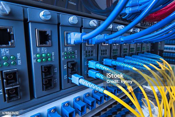 Fiber Optic Cable In Technology Center Stock Photo - Download Image Now - 2015, Computer Cable, Computer Network