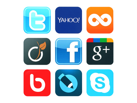 Kiev, Ukraine - June 12, 2015:Collection of popular social media logos printed on paper:Facebook, Twitter, Google Plus, Twoo, Bebo, Viadeo, Yahoo, Skype and Livejournal
