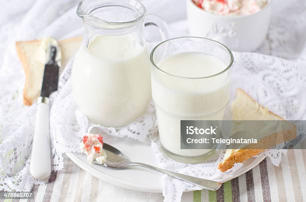 Milk And Cottage Cheese Breakfast Stock Photo - Download Image Now - Almond, Backgrounds, Berry Fruit