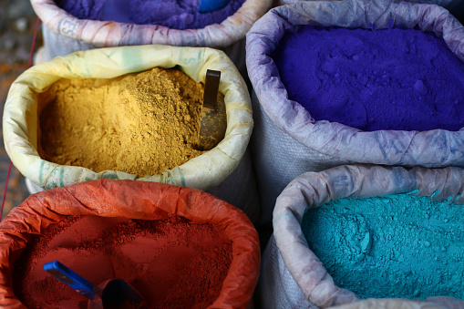 Colorful pigments for sale at Moroccan market.