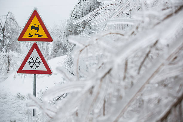 istock Dangerous and icy road with sleet covered trees 478882179