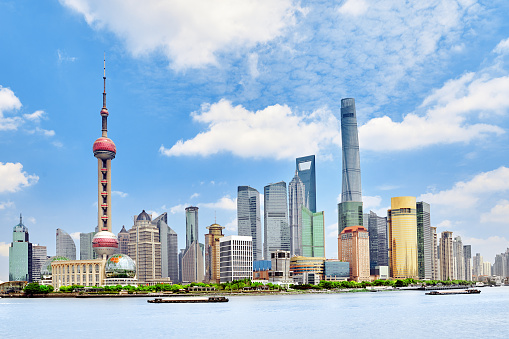 Skyline view from Bund waterfront on Pudong New Area- the business quarter of the Shanghai.