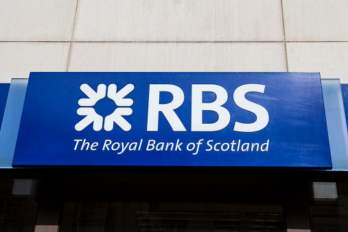 London, UK - June 18th, 2015: A sign for a branch of The Royal Bank of Scotland in London on 18th June 2015.