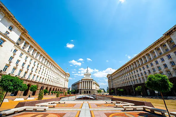 An architectural ensemble of three Socialist Classicism edifices in central Sofia, the capital of Bulgaria