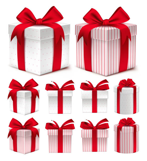 ilustraciones, imágenes clip art, dibujos animados e iconos de stock de realista 3d colección de patrón caja de regalo de color rojo - white background gift christmas wrapping paper