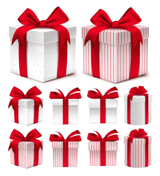 illustrations, cliparts, dessins animés et icônes de réaliste 3d de collection coloré motif rouge boîte-cadeau - surprise gift box christmas present religious celebration