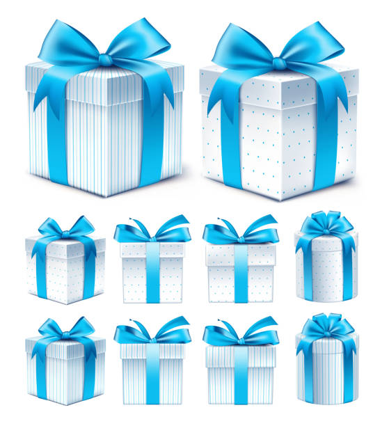 illustrations, cliparts, dessins animés et icônes de réaliste 3d de collection coloré motif bleu boîte-cadeau - white background decor religious celebration christmas