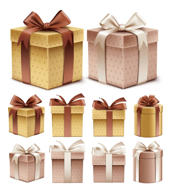 illustrations, cliparts, dessins animés et icônes de réaliste 3d collection de boîte cadeau colorée motif brun - white background decor religious celebration christmas