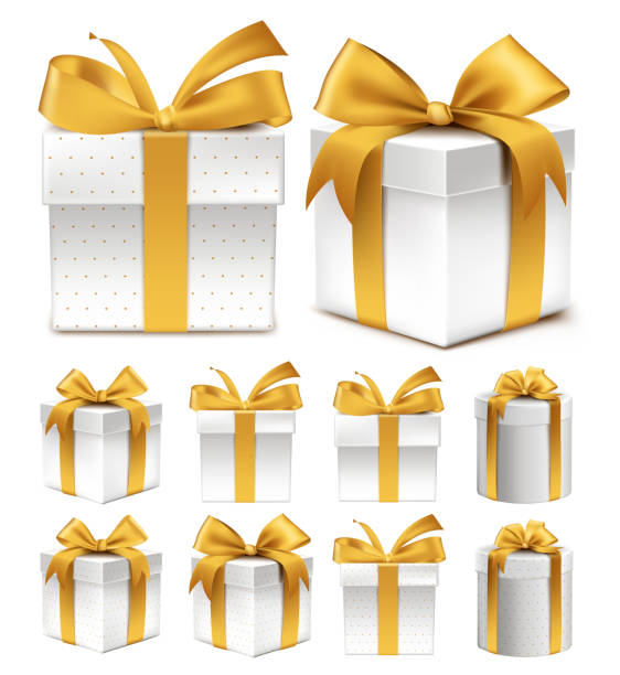 Realistic 3D Collection of Colorful Gold Pattern Gift Box Realistic 3D Collection of Colorful Gold Pattern Gift Box with Ribbon and Bow for Birthday Celebration, Christmas, Party, Anniversary and Eid Mubarak. Set of Isolated Vector Illustration gift wrap and ribbons stock illustrations
